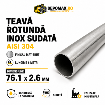 Teava rotunda inox sudata AISI 304, 76.1 x 2.6 mm, 6 metri